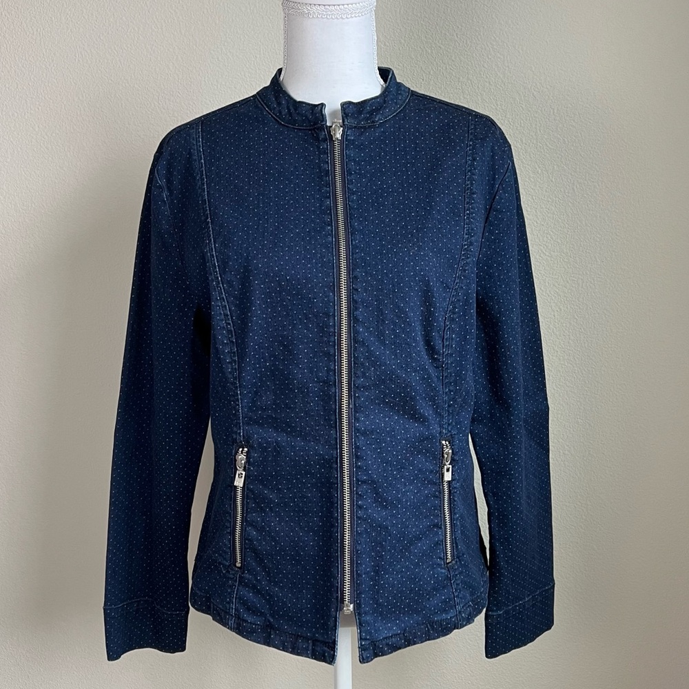 FDJ French Dressing Jeans Denim Jacket Y2K Polka‎ Dot Stretch Blue Zip Front M